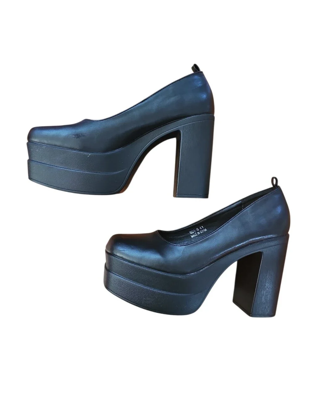 Black Chunky Double Platform Pumps Block Heel Goth Y2K Slip On Sz 41 Or